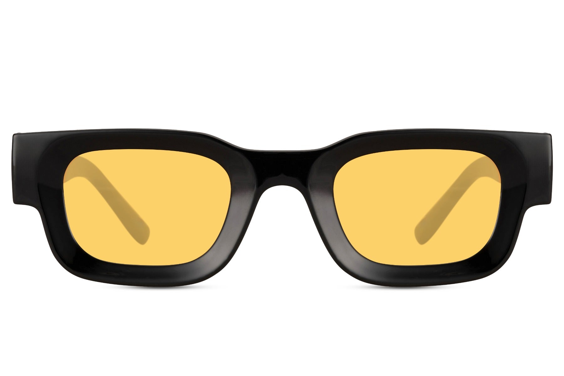 Black rectangle new wave sunglasses with black frame and yellow UV100 protection lens – statement retro rectangle shades for festivals and going out, free delivery across UK and Europe from Sunglass Station