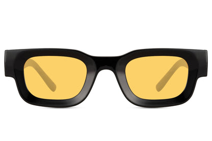 Black rectangle new wave sunglasses with black frame and yellow neon UV100 protection lens – bold statement retro rectangle shades for festivals and going out, Sunglass Station free UK and Europe delivery