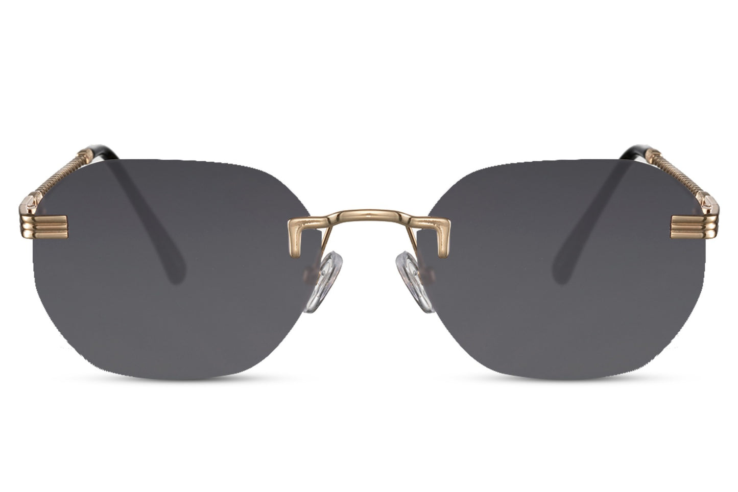 black rimless sunglasses in geometric lens