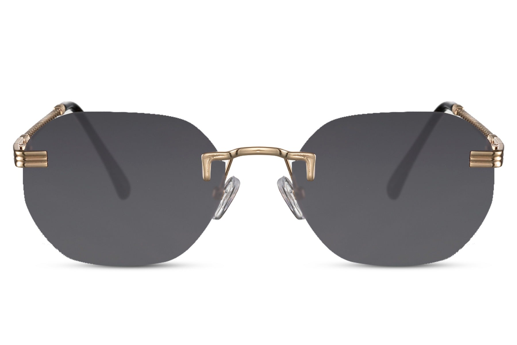 black rimless sunglasses in geometric lens