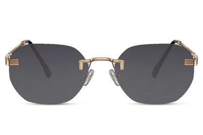 black rimless sunglasses in geometric lens