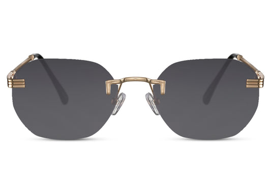 black rimless sunglasses in geometric lens