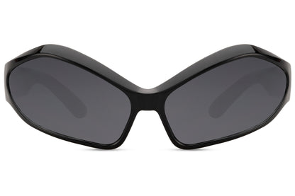 Elongated sleek black Y2K party sunglasses — the most directional frame shape of 2026 worn in its purest form, unisex geometric wrap for men and women who dress like they mean it | Sunglass Station