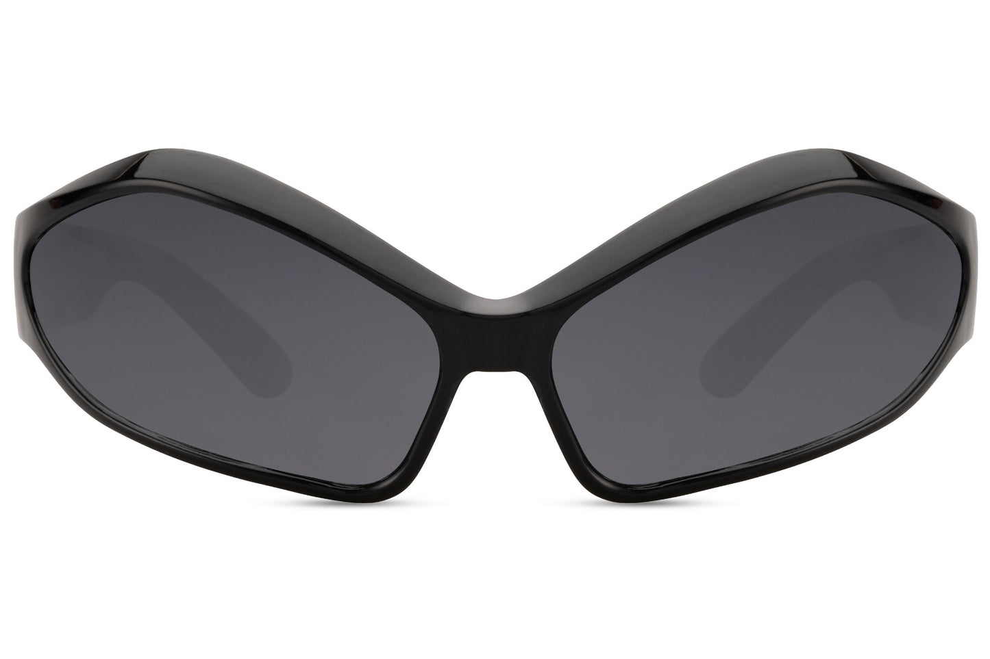 Black oversized geometric Y2K party sunglasses — jet-black angular wrap lens in lightweight polycarbonate, the bold unisex frame that sits at the exact crossover of festival fashion and futuristic street style, UV400 protection