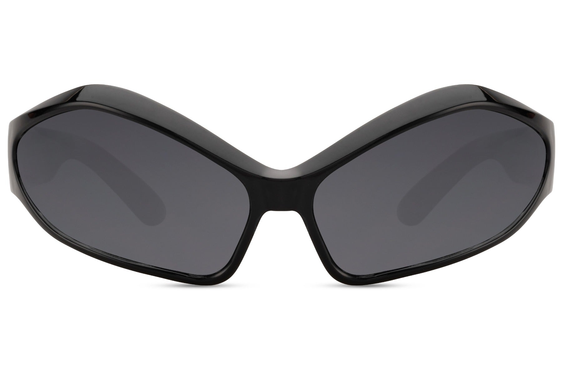 Black oversized geometric Y2K party sunglasses — jet-black angular wrap lens in lightweight polycarbonate, the bold unisex frame that sits at the exact crossover of festival fashion and futuristic street style, UV400 protection