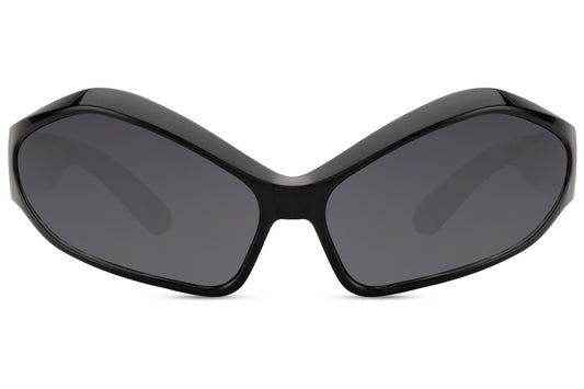 Black oversized geometric Y2K party sunglasses — jet-black angular wrap lens in lightweight polycarbonate, the bold unisex frame that sits at the exact crossover of festival fashion and futuristic street style, UV400 protection