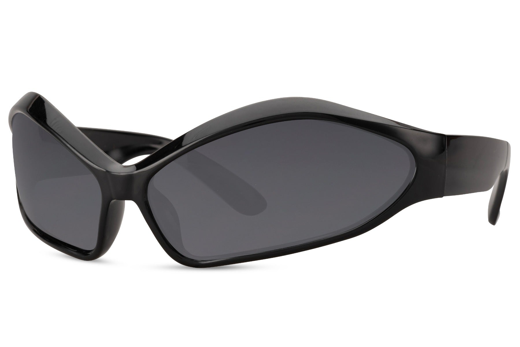 Angular front-facing view of black Y2K wrap party sunglasses — oversized geometric coverage for men and women, the jet-black lens that reads Balenciaga runway as easily as it reads Glastonbury headliner, free delivery UK & Europe