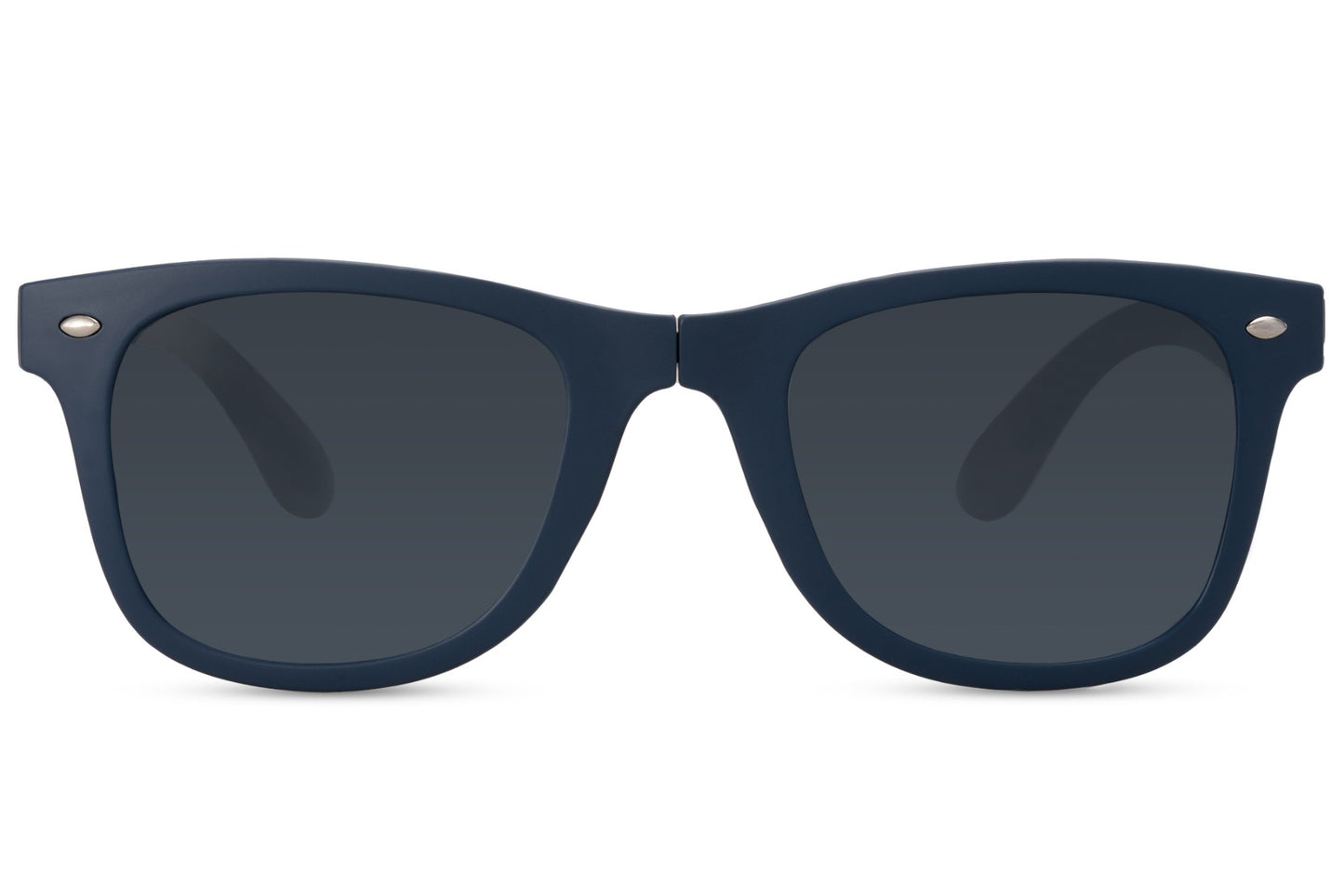 A pair of blue wayfarer sunglasses with dark lenses and a matte frame.