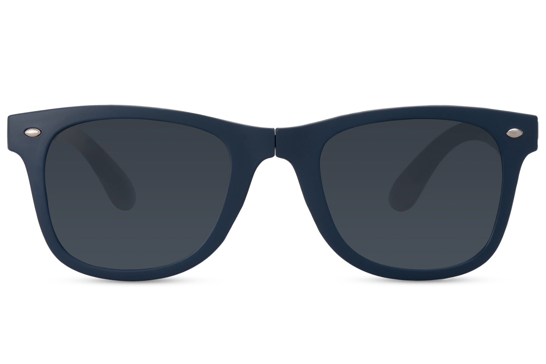 A pair of blue wayfarer sunglasses with dark lenses and a matte frame.