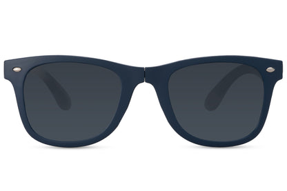 A pair of blue wayfarer sunglasses with dark lenses and a matte frame.