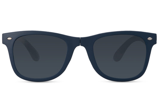 A pair of blue wayfarer sunglasses with dark lenses and a matte frame.