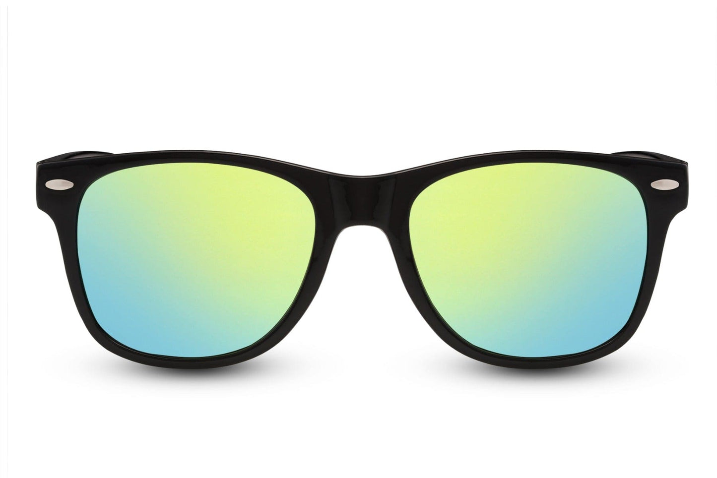A pair of mirrored Wayfarer sunglasses with a black frame and blue-green lens designed for women 