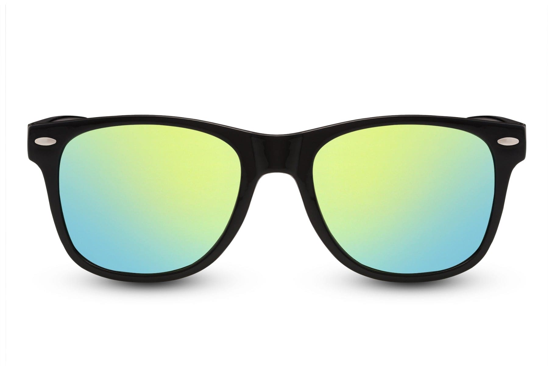 A pair of mirrored Wayfarer sunglasses with a black frame and blue-green lens designed for women 