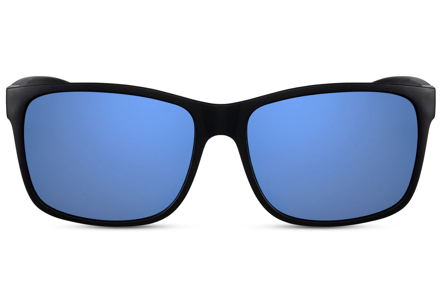 A pair of black-framed rectangle sunglasses with blue lenses, designed for eco-friendly use.