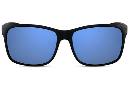 A pair of black-framed rectangle sunglasses with blue lenses, designed for eco-friendly use.