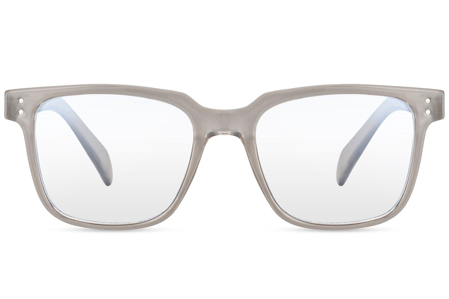 A pair of square-framed blue light filter glasses with a translucent grey frame.