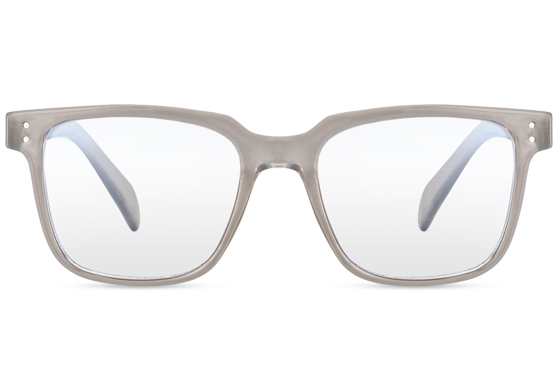 A pair of square-framed blue light filter glasses with a translucent grey frame.