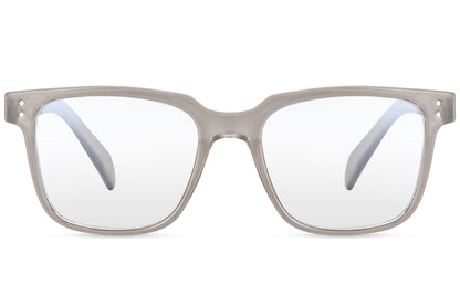 A pair of square-framed blue light filter glasses with a translucent grey frame.