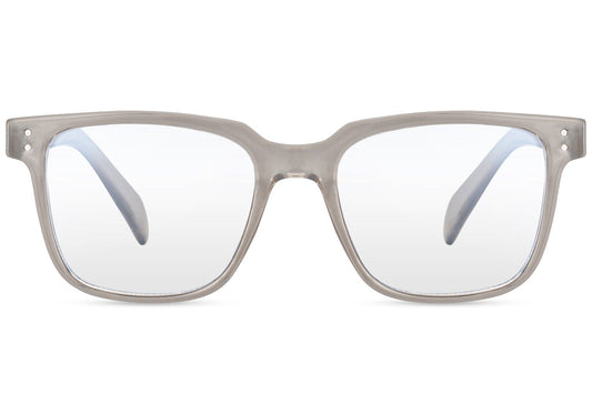 A pair of square-framed blue light filter glasses with a translucent grey frame.
