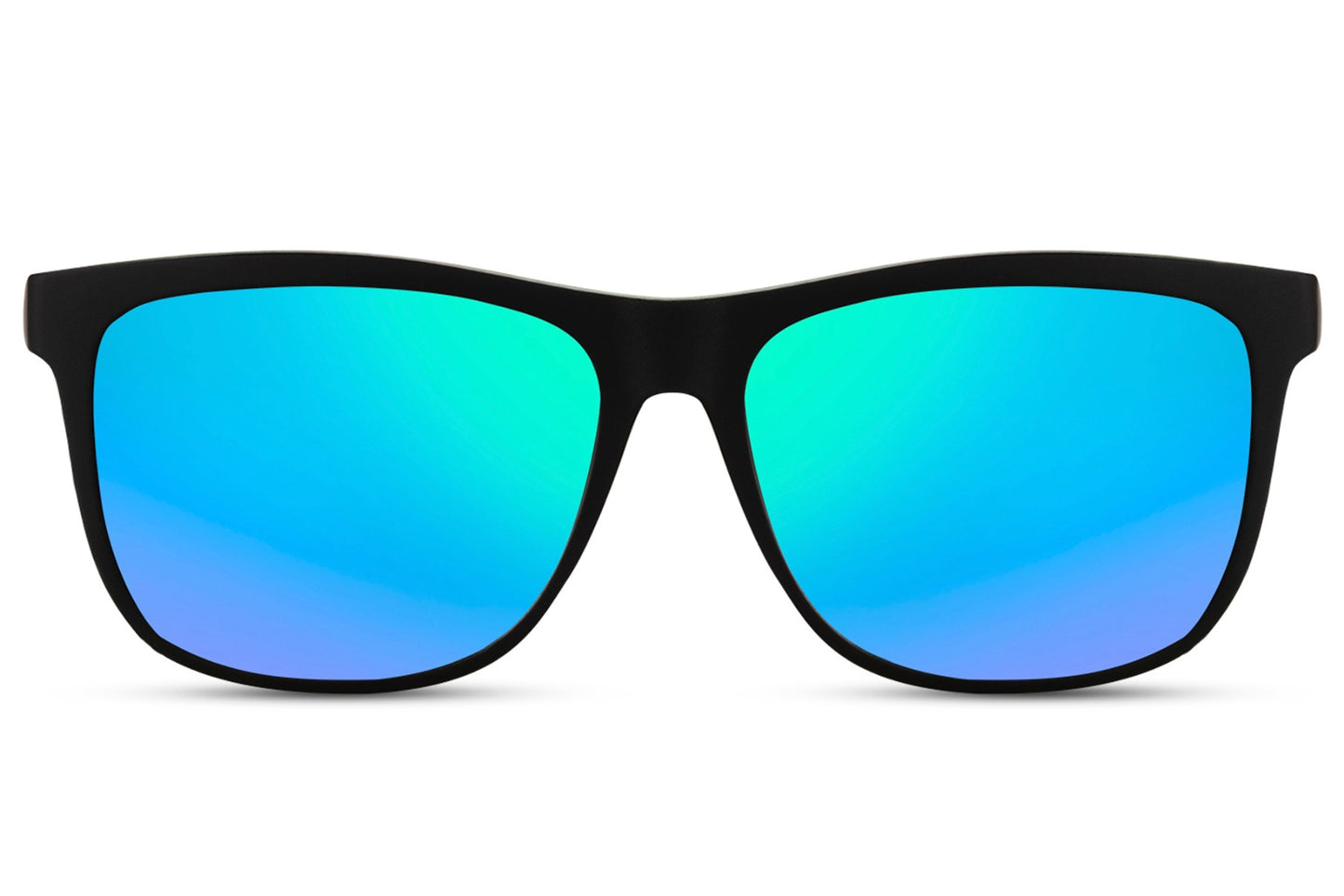 A pair of Wayfarer sports sunglasses with black frame and blue mirrored lenses.