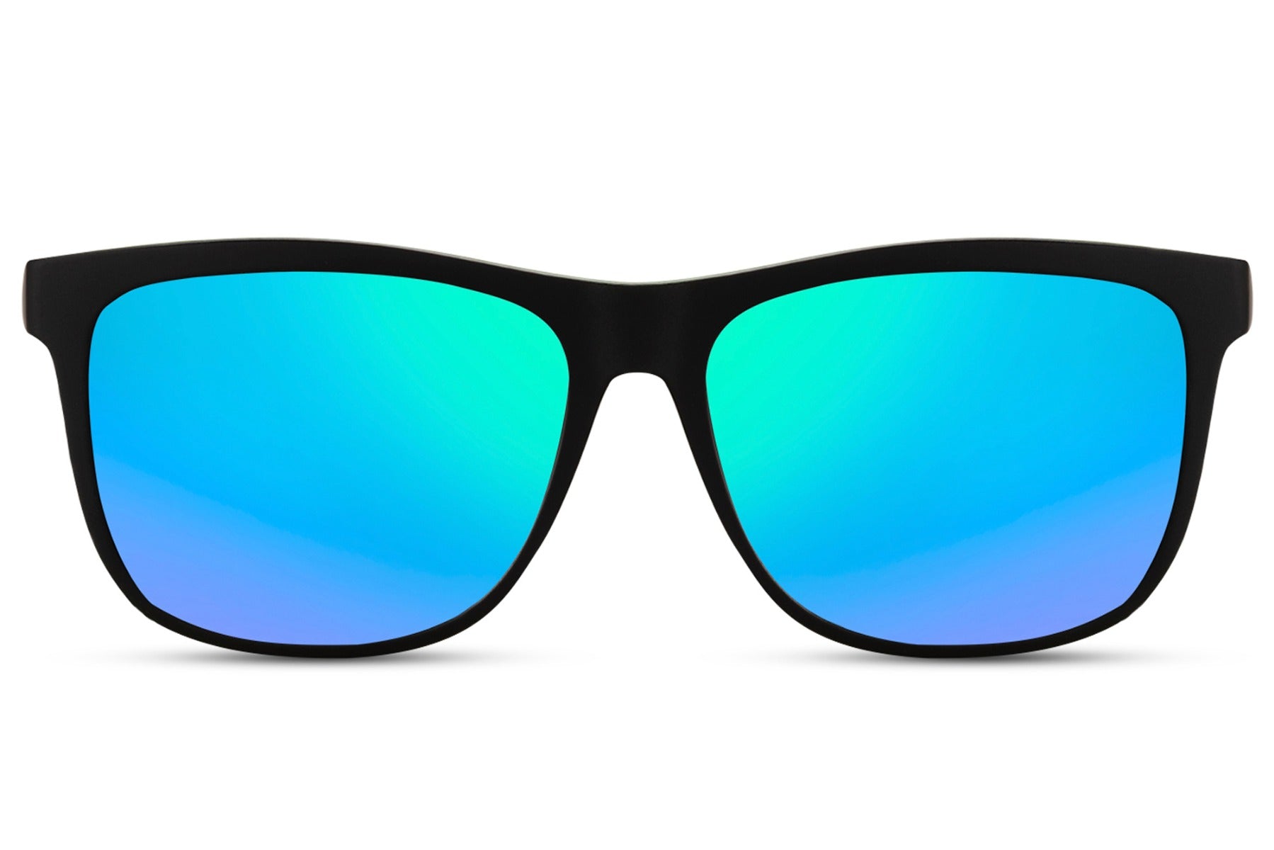 A pair of Wayfarer sports sunglasses with black frame and blue mirrored lenses.