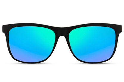A pair of Wayfarer sports sunglasses with black frame and blue mirrored lenses.