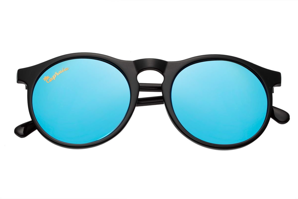 A pair of blue mirrored round sunglasses with a black frame and polarised lens