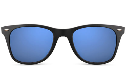 Classic eyewear with mirrored blue lenses and lightweight matte frame