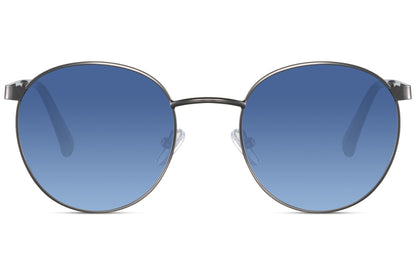 Blue tinted round party sunglasses with slim metal frame — retro-inspired silhouette with vivid blue lens, the shade defining underground cool from Amsterdam to East London, UV400 protection. Free shipping across UK & Europe