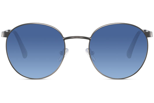 Blue tinted round party sunglasses with slim metal frame — retro-inspired silhouette with vivid blue lens, the shade defining underground cool from Amsterdam to East London, UV400 protection. Free shipping across UK & Europe