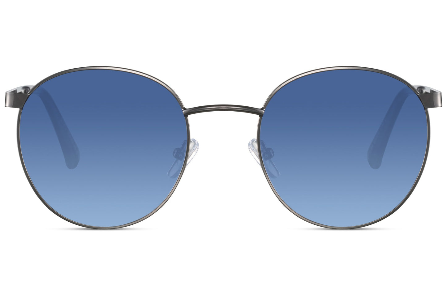 blue tinted round party sunglasses — clean circular geometry with vivid blue lens, the retro-futurist frame that reads equally as festival eyewear and everyday street style