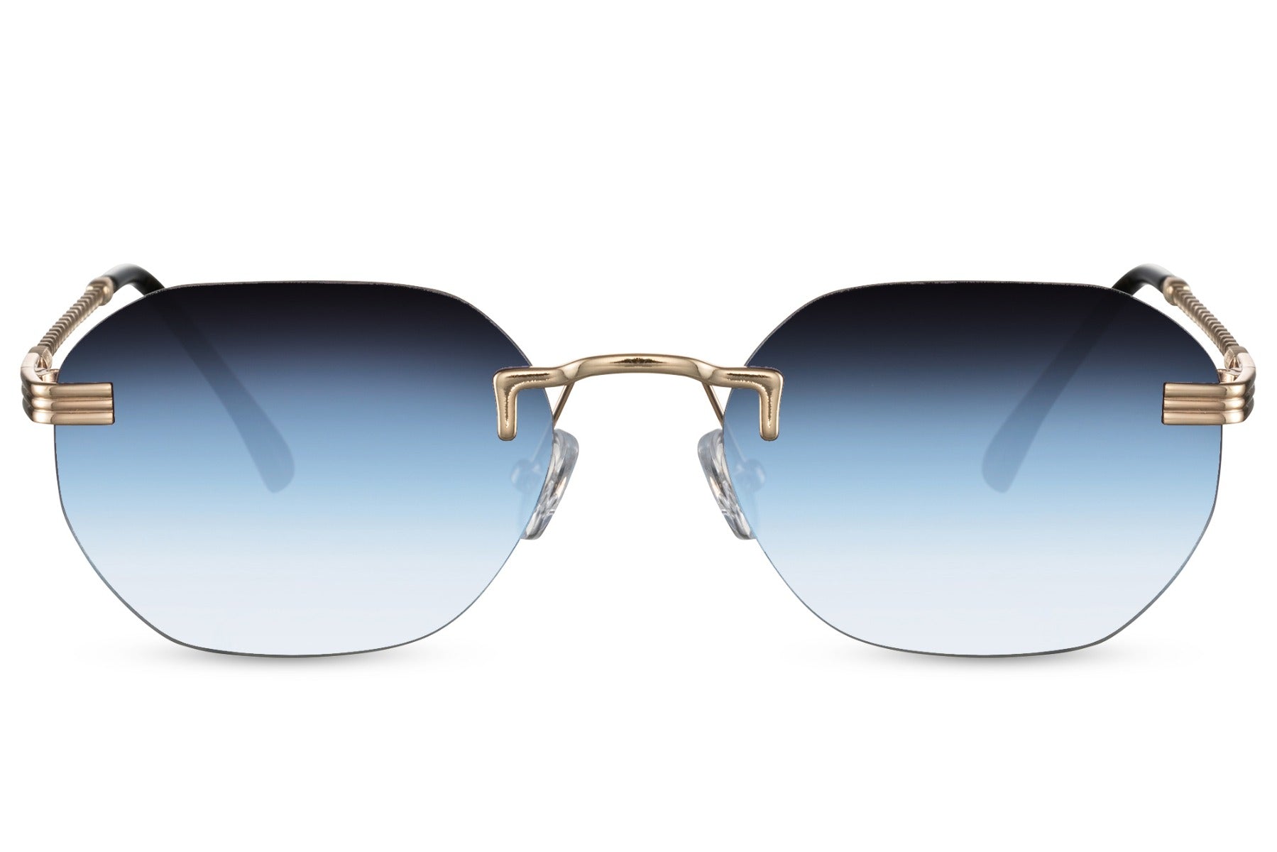 A pair of geometric round rimless sunglasses with a golden frame and blue shaded lenses.