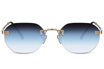 A pair of geometric round rimless sunglasses with a golden frame and blue shaded lenses.