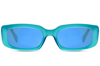 Technical blue tinted rectangle sunglasses for Berlin summers and London beachwear scenes.