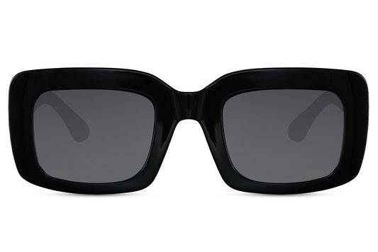 Bold frame oversized rectangle sunglasses with black recycled polyester frame and smoke grey 100% recycled UV protection lens – chunky eco-friendly retro rectangle shades for everyday city wear and street style, free delivery across UK and Europe from Sunglass Station