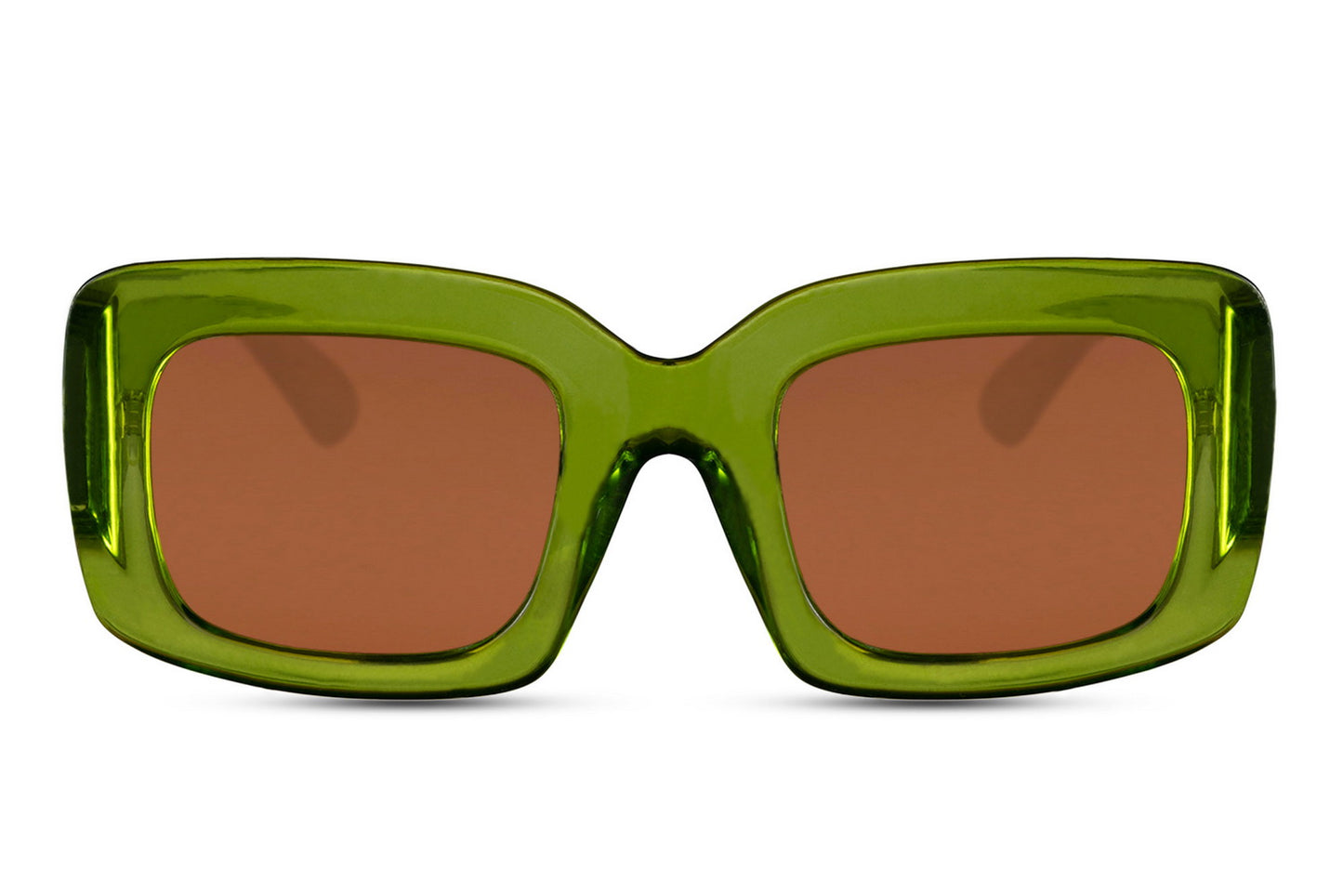 Bold frame oversized rectangle sunglasses with lime green recycled polyester frame and amber brown 100% recycled UV protection lens – statement Y2K chunky retro shades for festivals and going out, Sunglass Station free UK and Europe delivery