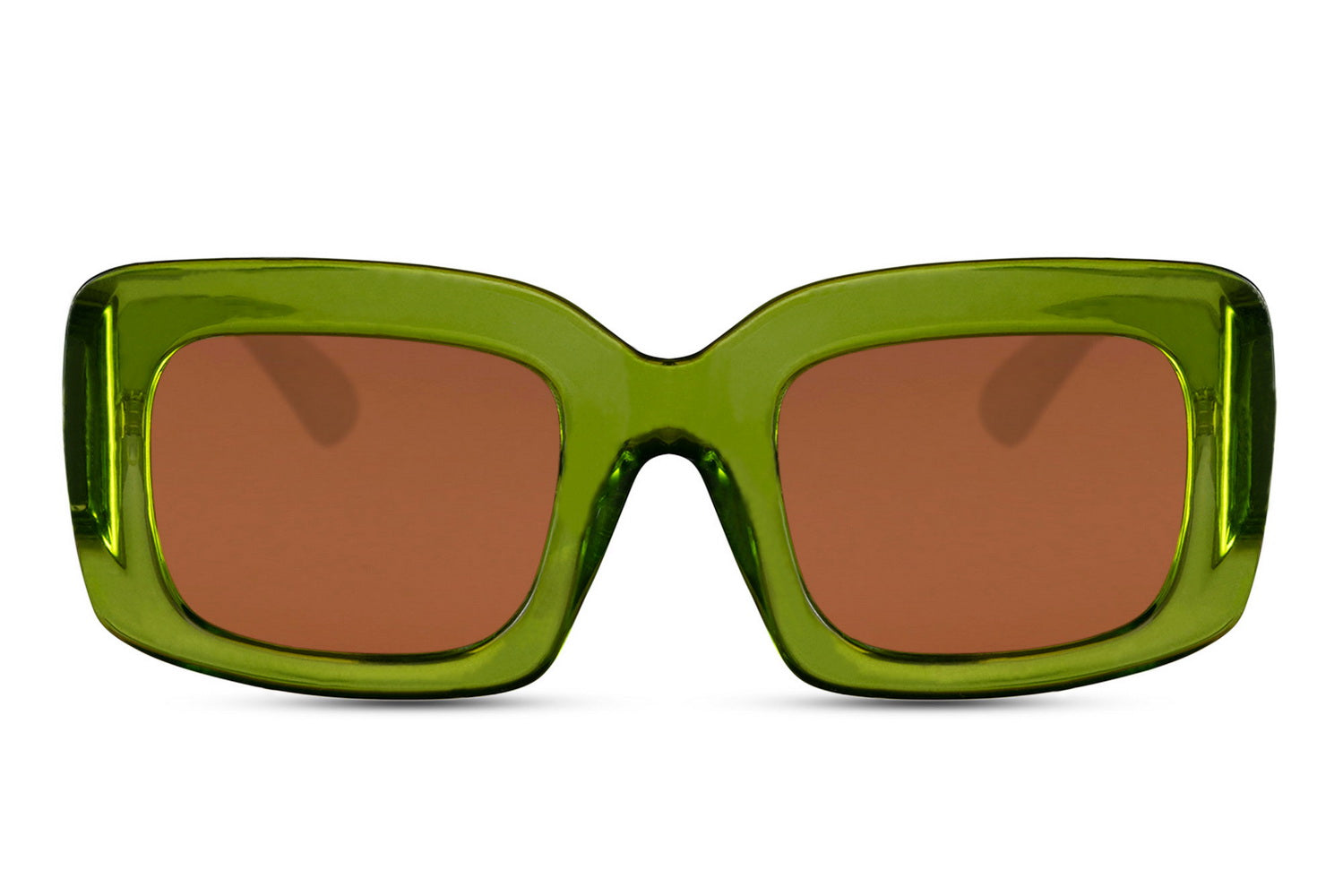 Bold frame oversized rectangle sunglasses with lime green recycled polyester frame and amber brown 100% recycled UV protection lens – statement Y2K chunky retro shades for festivals and going out, Sunglass Station free UK and Europe delivery