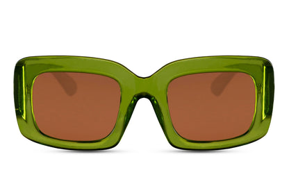 Bold frame oversized rectangle sunglasses with lime green recycled polyester frame and amber brown 100% recycled UV protection lens – statement Y2K chunky retro shades for festivals and going out, Sunglass Station free UK and Europe delivery