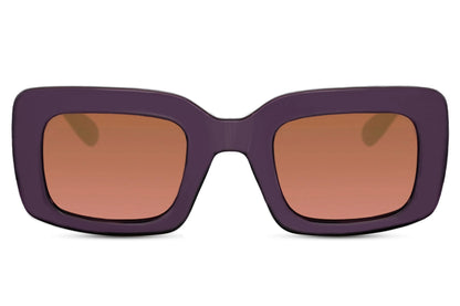Bold frame oversized rectangle sunglasses with purple recycled polyester frame and amber brown 100% recycled UV protection lens – bold retro Y2K chunky shades for festivals and going out, Sunglass Station free UK and Europe shipping