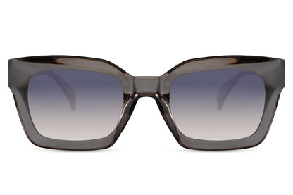 bold frame rectangle sunglasses with grey recycled polyester frame and lavender gradient 100% recycled UV protection lens – bold retro rectangle shades for going out and summer city wear, Sunglass Station free UK and Europe shipping