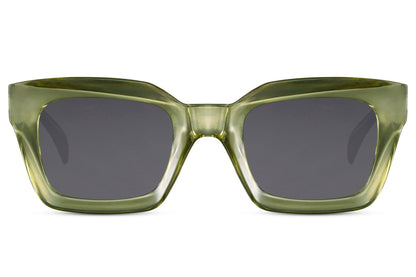 bold frame rectangle sunglasses with olive green recycled polyester frame and dark green 100% recycled UV protection lens – tone-on-tone sustainable chunky retro rectangle shades for city wear and everyday street style, free delivery across UK and Europe from Sunglass Station