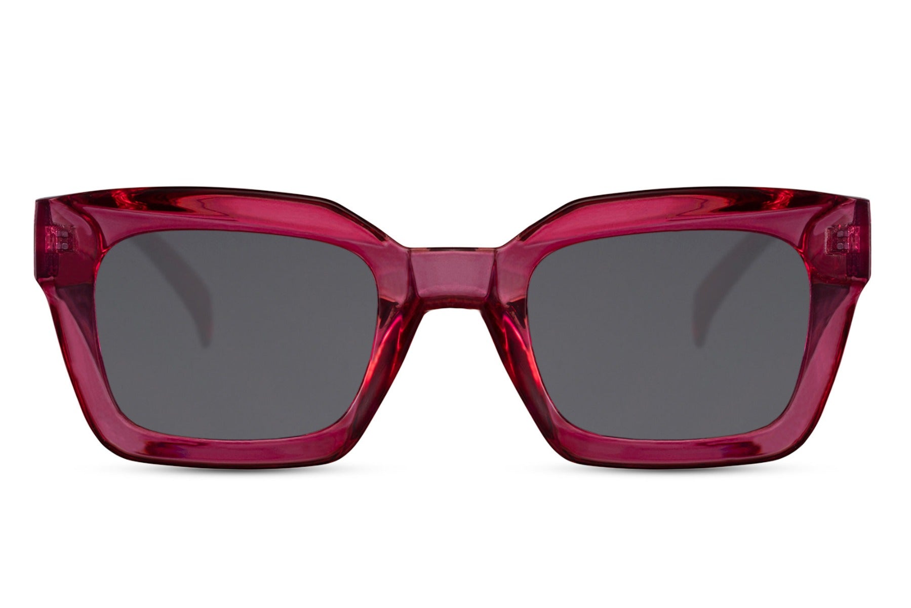 bold frame rectangle sunglasses with red recycled polyester frame and dark smokey 100% recycled UV protection lens – bold statement chunky retro rectangle shades for going out and festivals, Sunglass Station free UK and Europe shipping
