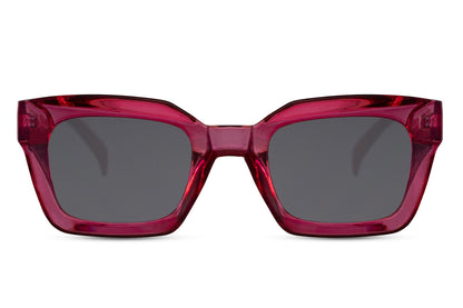 bold frame rectangle sunglasses with red recycled polyester frame and dark smokey 100% recycled UV protection lens – bold statement chunky retro rectangle shades for going out and festivals, Sunglass Station free UK and Europe shipping