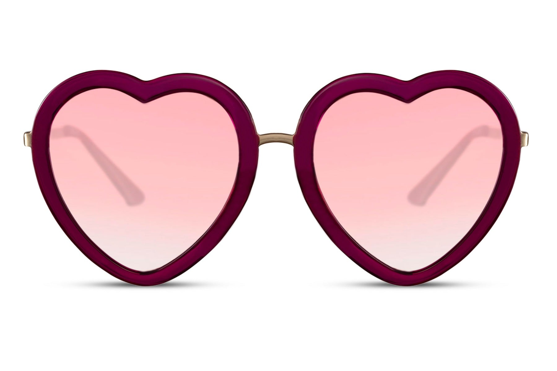 Heart-shaped oversized party sunglasses with a red frame and pink heart-shaped lenses.