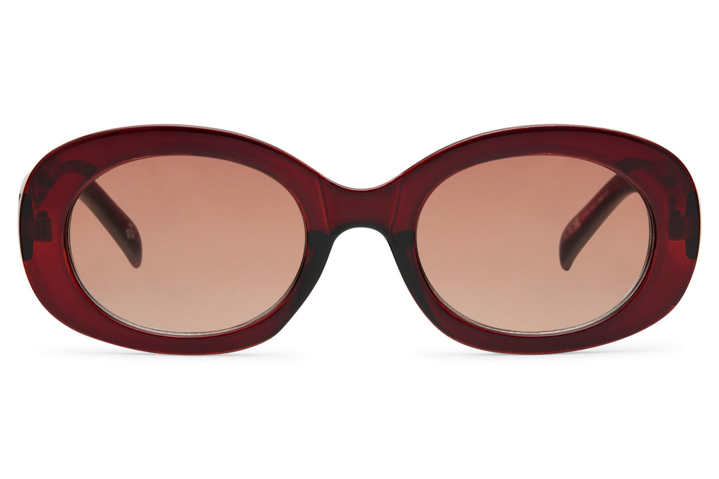 Bold oval sunglasses for women with burgundy dark red recycled frame and dark rose polycarbonate lens – statement retro shades for going out and festivals, free shipping across UK and Europe from Sunglass Station