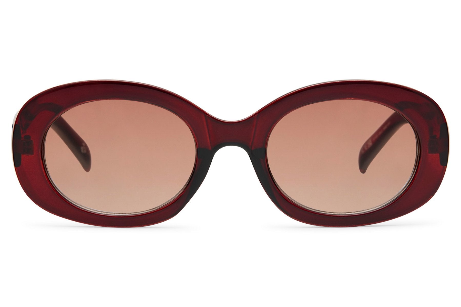 Bold oval sunglasses for women with burgundy dark red recycled frame and dark rose polycarbonate lens – statement retro shades for going out and festivals, free shipping across UK and Europe from Sunglass Station