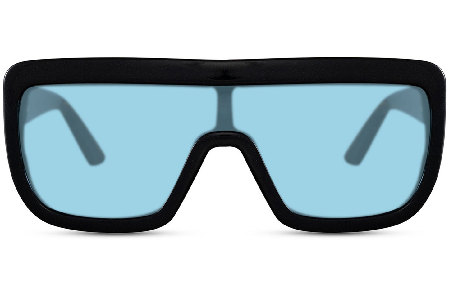 Electric blue bold oversized sports party sunglasses with blue tinted lens — the chromatic shield colourway for festival season, the blue lens trend in its most maximalist flat-top form for men and women, UV400 eco recycled | Sunglass Station

I