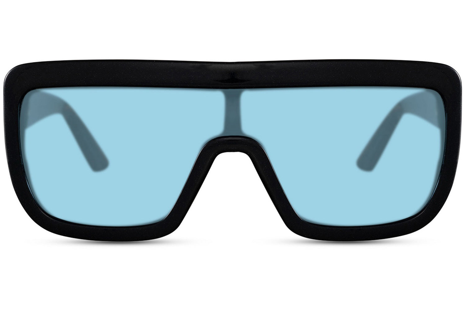 Electric blue bold oversized sports party sunglasses with blue tinted lens — the chromatic shield colourway for festival season, the blue lens trend in its most maximalist flat-top form for men and women, UV400 eco recycled | Sunglass Station

I