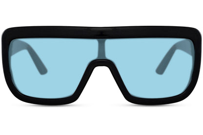 Electric blue bold oversized sports party sunglasses with blue tinted lens — the chromatic shield colourway for festival season, the blue lens trend in its most maximalist flat-top form for men and women, UV400 eco recycled | Sunglass Station

I