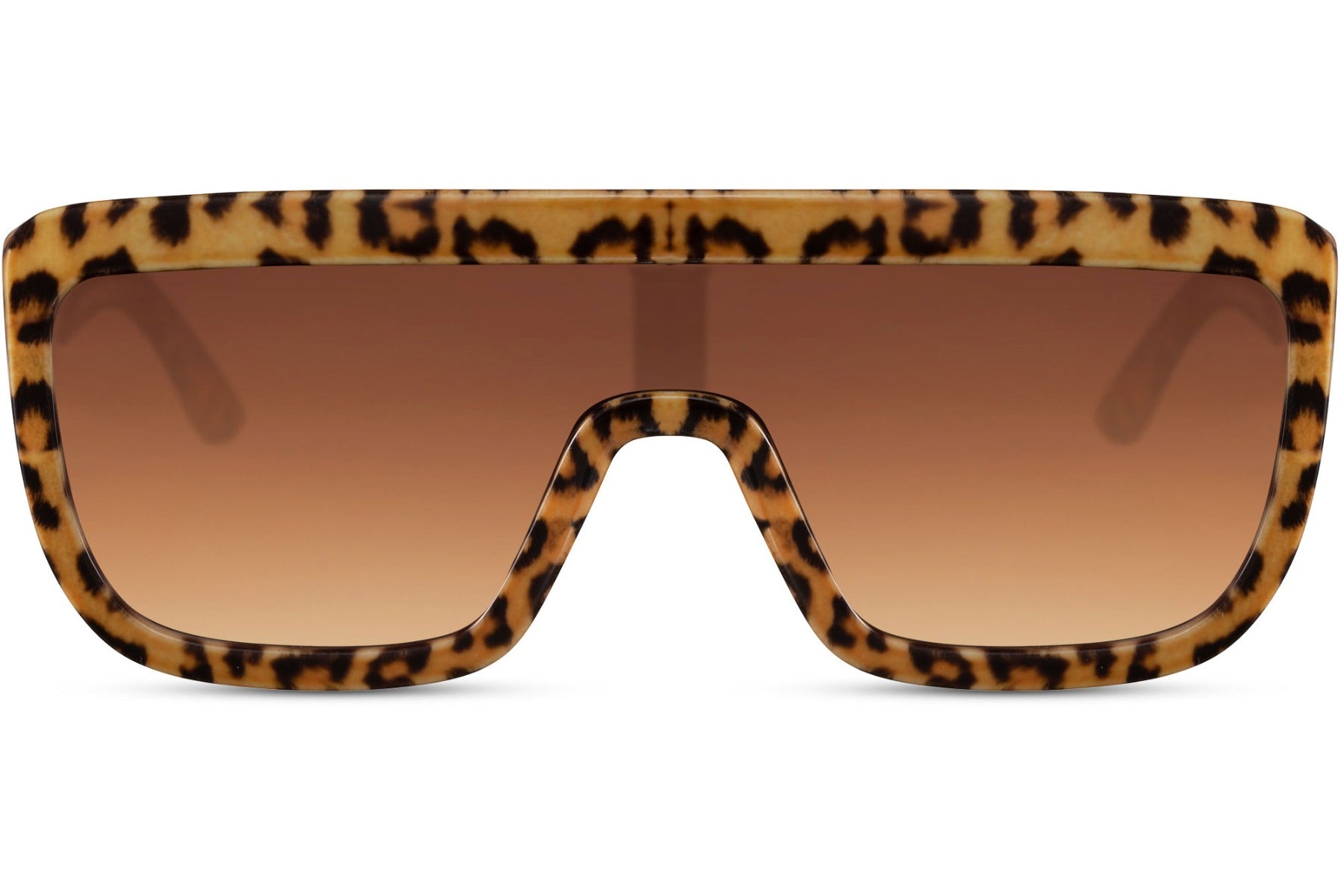 Leopard print bold oversized sports party sunglasses with warm brown lens — wild animal print shield in sustainable recycled polyester, the 70s safari glamour colourway for women who dress like the jungle is their runway, free delivery UK & Europe

